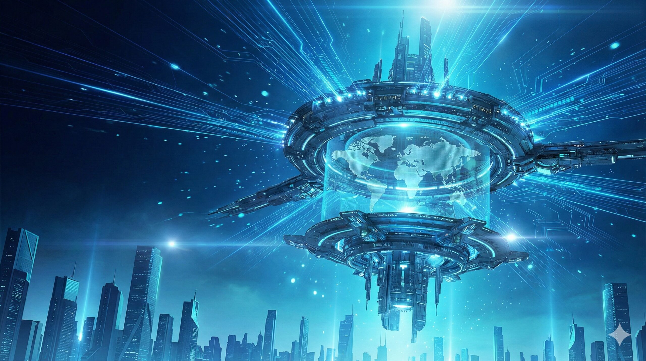 日富士貿易公式サイトの公開と「母艦」の始動をイメージした、青い光が集束する巨大なデジタルネットワークのイラスト。